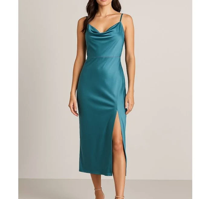 Venus Teal Satin Slip Dress Size 8 Cowl Neck Adjustable Straps Midi