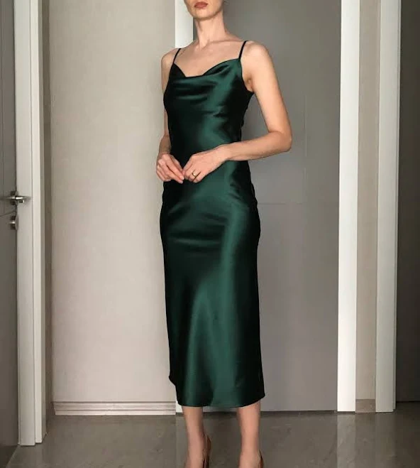 Cowl Neck Silk Satin Midi Length Slip Dress