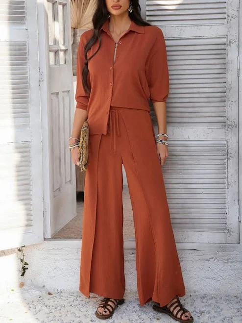 Trendsi Devine Button Down Long Sleeve Top and Wide Leg Pants Set