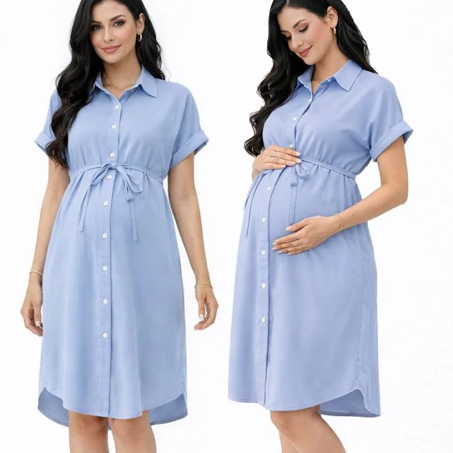 Maternity Short Sleeve Button Down Shirt Dress with Adjustable Waist Tie