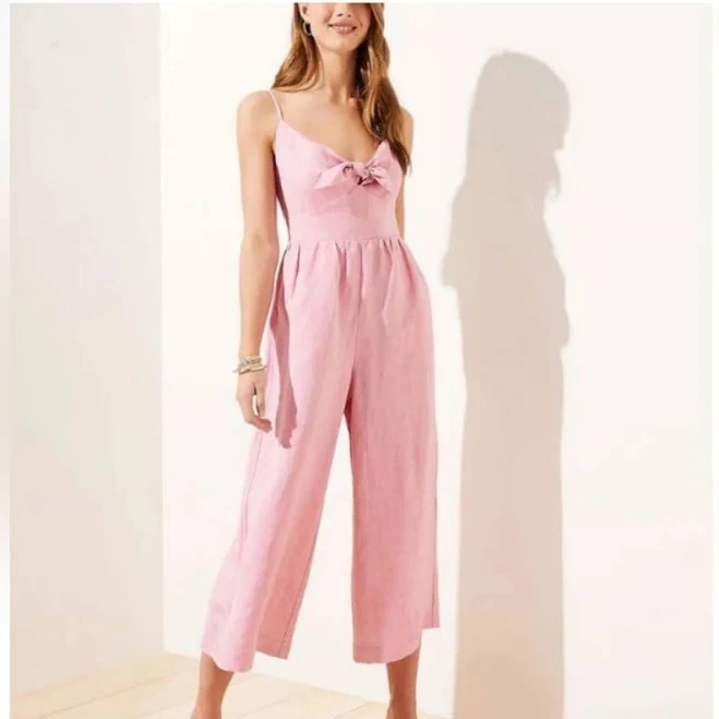 Loft Women's Petite Linen Blend Tie Front Jumpsuit