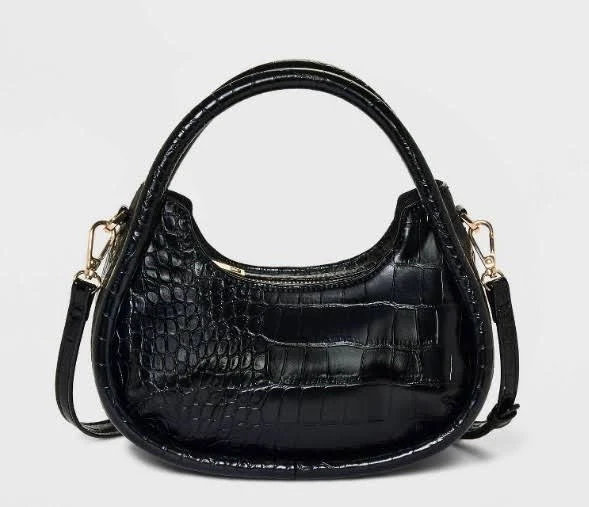 Black Croc Embossed Shoulder Bag With Gold Hardware – Stylish & Trendy