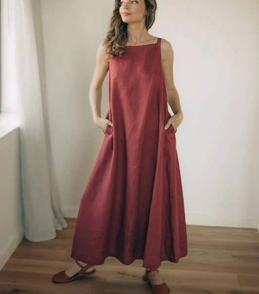 Women's Flare Linen A-Line Midi Dress with Pockets