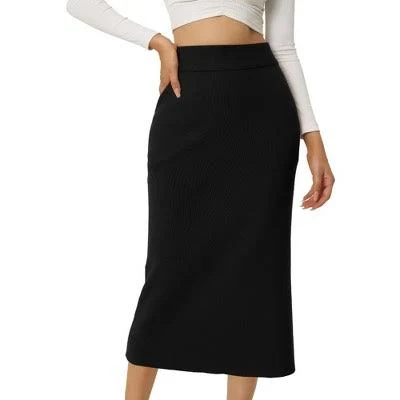 Inspire Chic Women's Stretchy Ribbed Knit Midi Skirt with Slit Hem