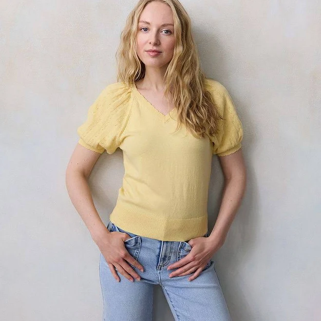 Women's LC Lauren Conrad V-Neck Knitted Sweater Tee, Size: XS, Lemon Shine