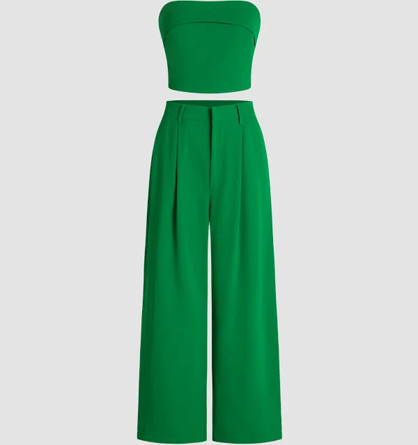 CIDER Women Shirred Two-Piece High-Waist Wide-Leg Pants Strapless Tube Top Breathable