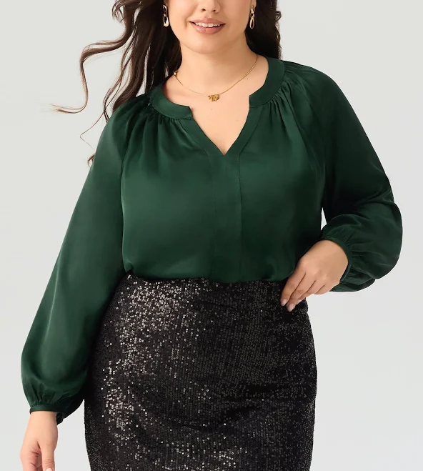 Emerald Green Satin V-Neck Puff Sleeve Blouse