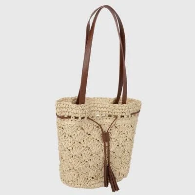 Women's Rustic Straw Shoulder Bag with Leather Accents