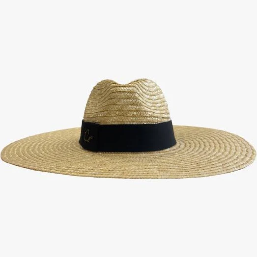 Women's Chanel Joan Elkayam Neutrals / Black Logo Embellished Wide Brim Natural Straw Fedora Hat