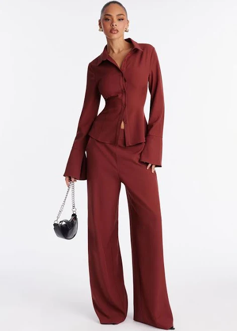 Fashion Nova Long Sleeve Button Up Shirt and Wide Leg Pant Set