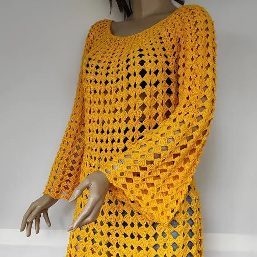 Crochet Long Bell Sleeve Cotton Dress