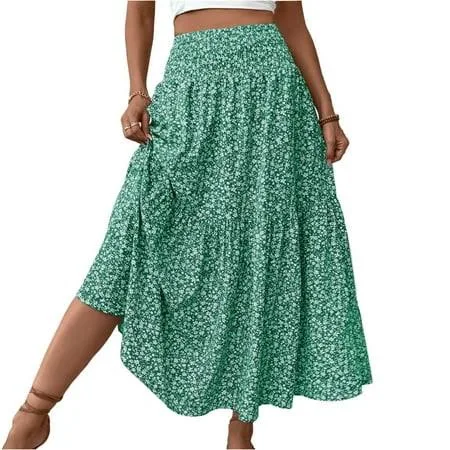 Women's Casual Boho Floral Smocked High Waisted Tiered Maxi Skirt with Pocket