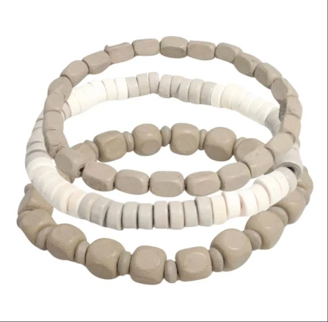 3PC Neutral Wood Bead Bracelet Stack