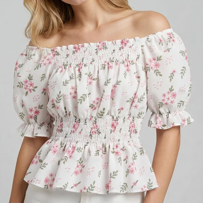 Floral Off Shoulder Blouse Women | Puff Sleeve Summer Top | Everyday Wear Casual Crop Outfit