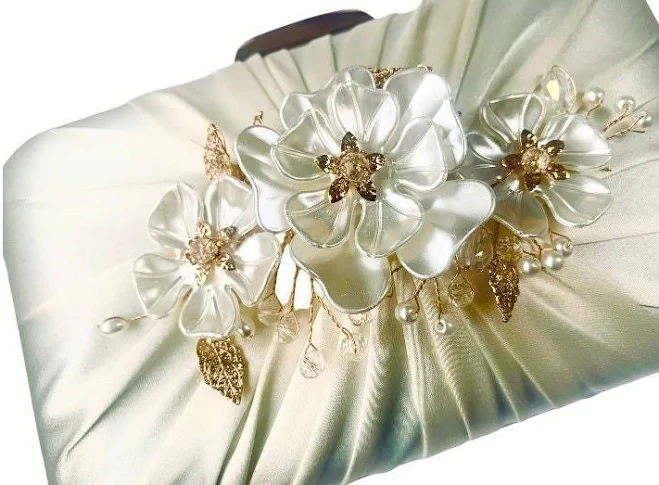 Pearl, Gem, and Flower Embellished Satin Clutch