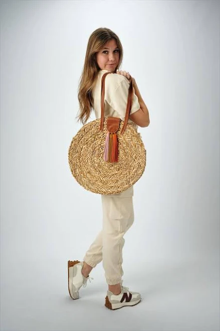 Palmdale Straw Suede Tassel Round Bag