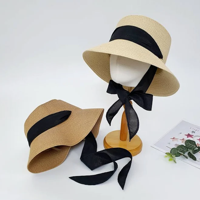 Natural Straw Wide Brim Hat with Removable Ribbon Tie