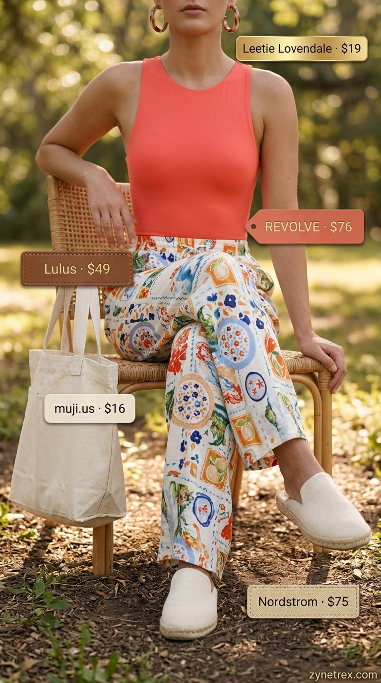 Artistic summer look: terracotta bodysuit, ivory abstract print wide-leg pants, espadrille mules for a picnic.