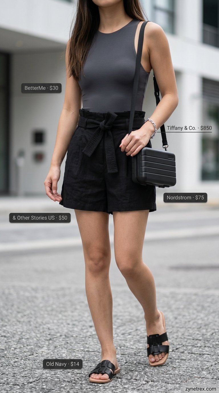 City exploration: charcoal grey bodysuit, black paper-bag shorts, flat sandals for a day out.
