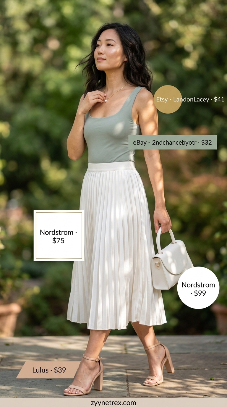 Elegant garden party: sage green bodysuit, white pleated midi skirt, heeled sandals for a bridal shower.