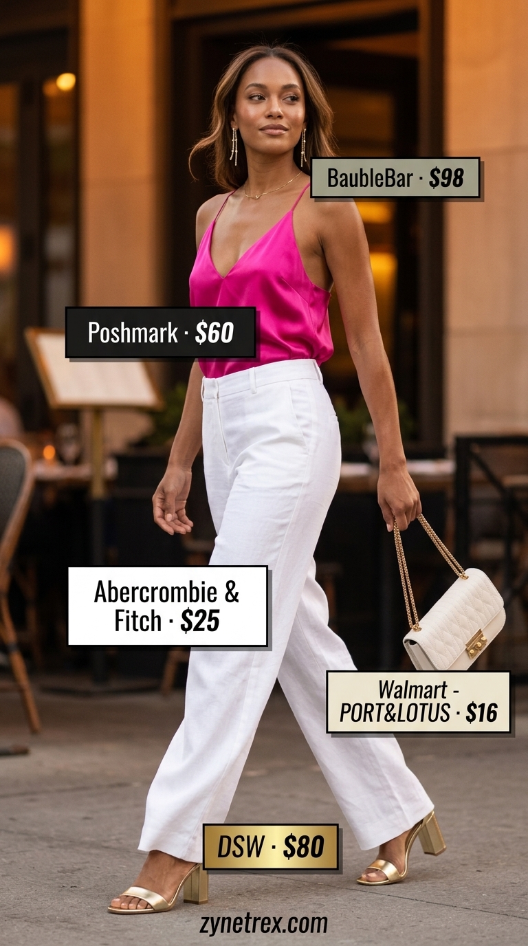 Glamorous summer party: hot pink bodysuit, white wide-leg trousers, metallic gold sandals.