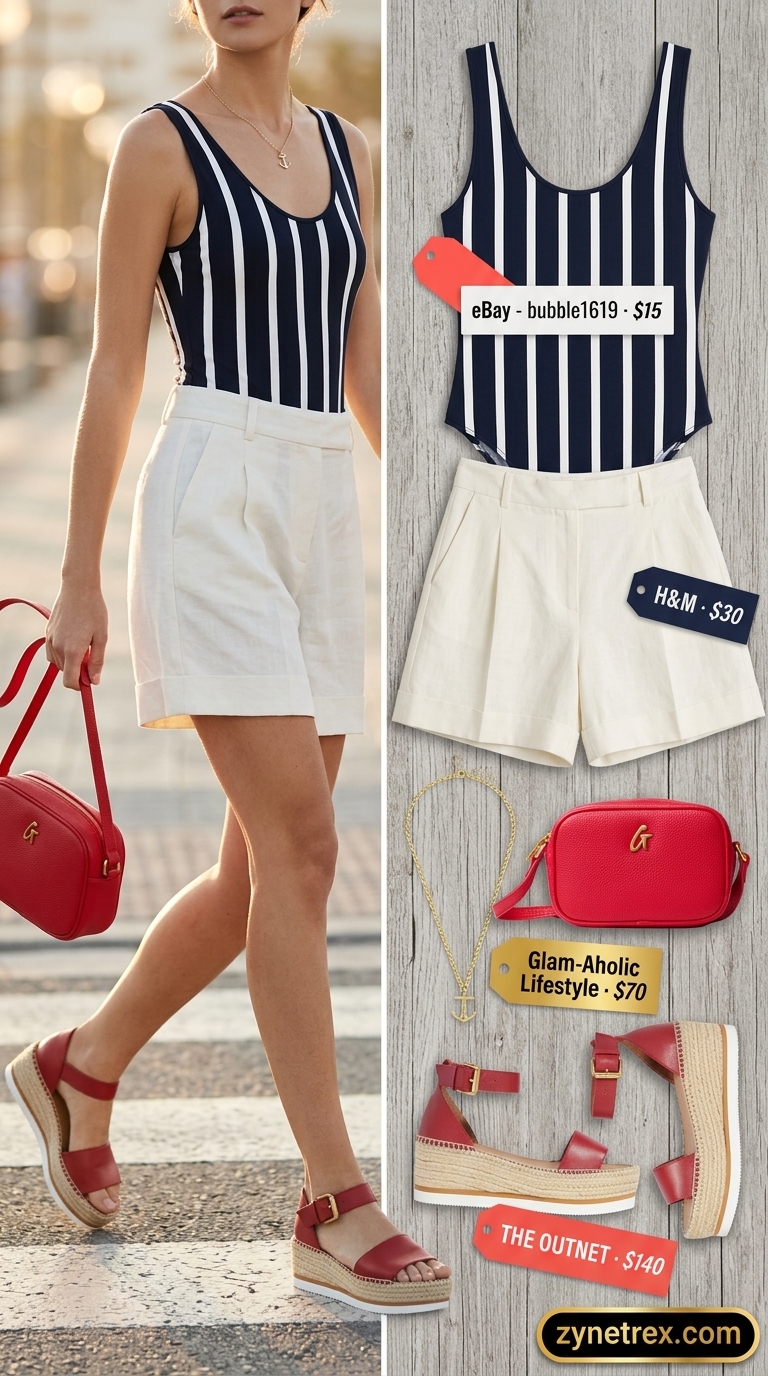 Nautical summer outfit: navy stripe bodysuit, white linen shorts, red espadrilles for a seaside trip.