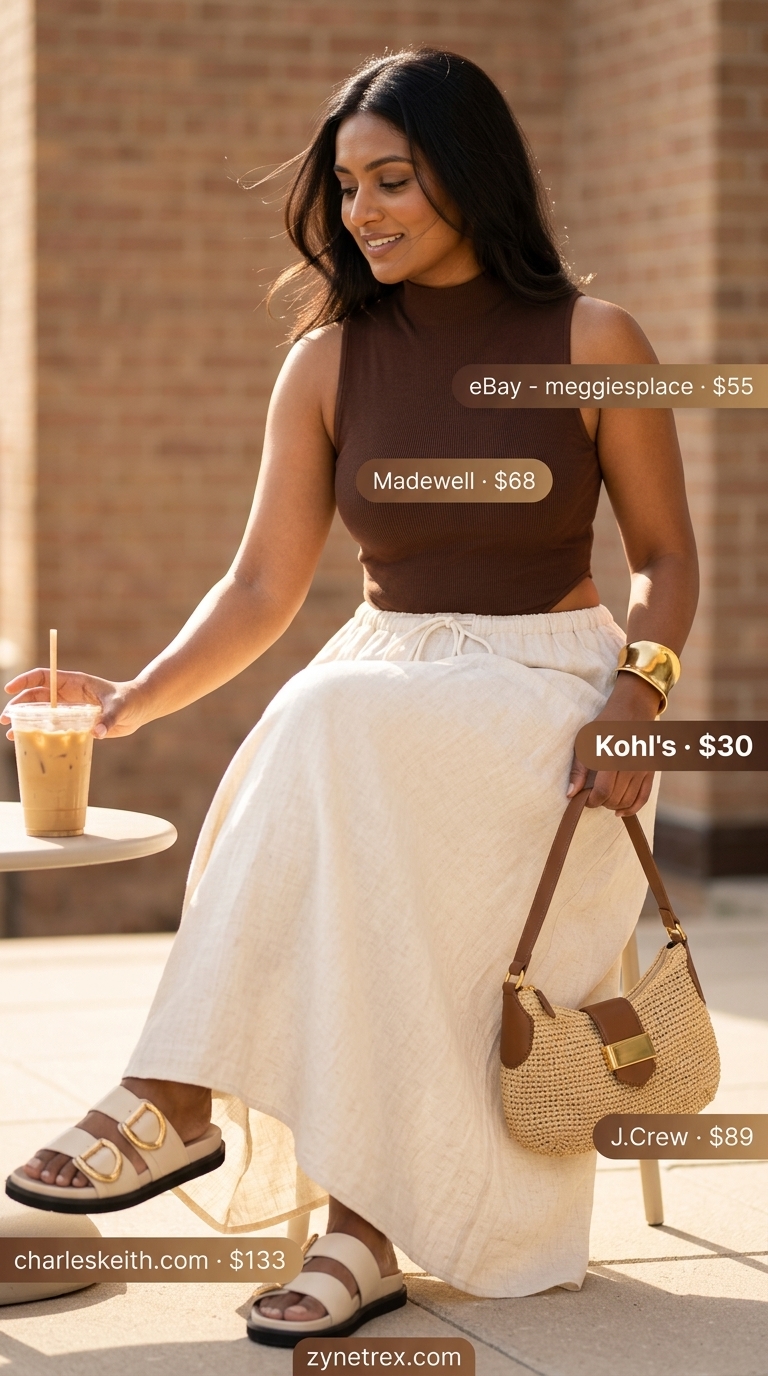 Resort chic: chocolate brown bodysuit, cream maxi skirt, tan slide sandals for vacation brunch.