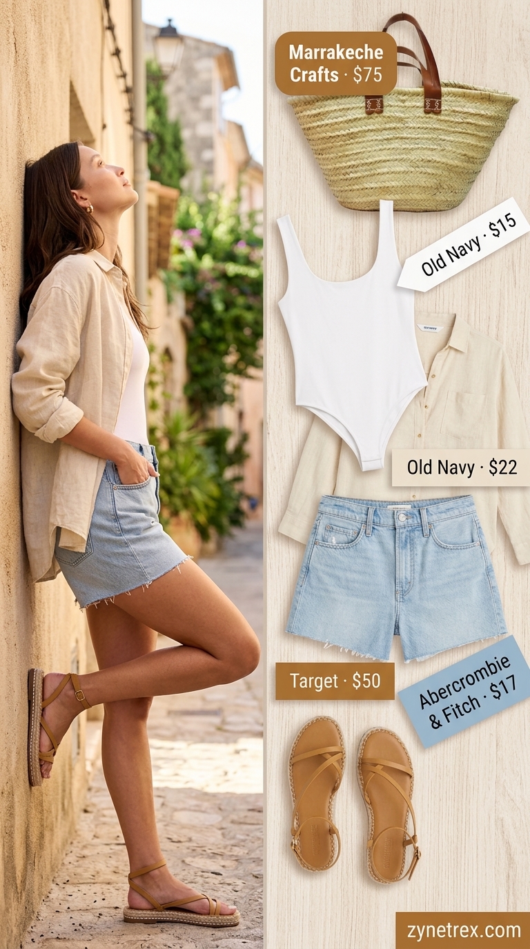 Riviera style: white bodysuit, light wash denim shorts, linen shirt for casual brunch.