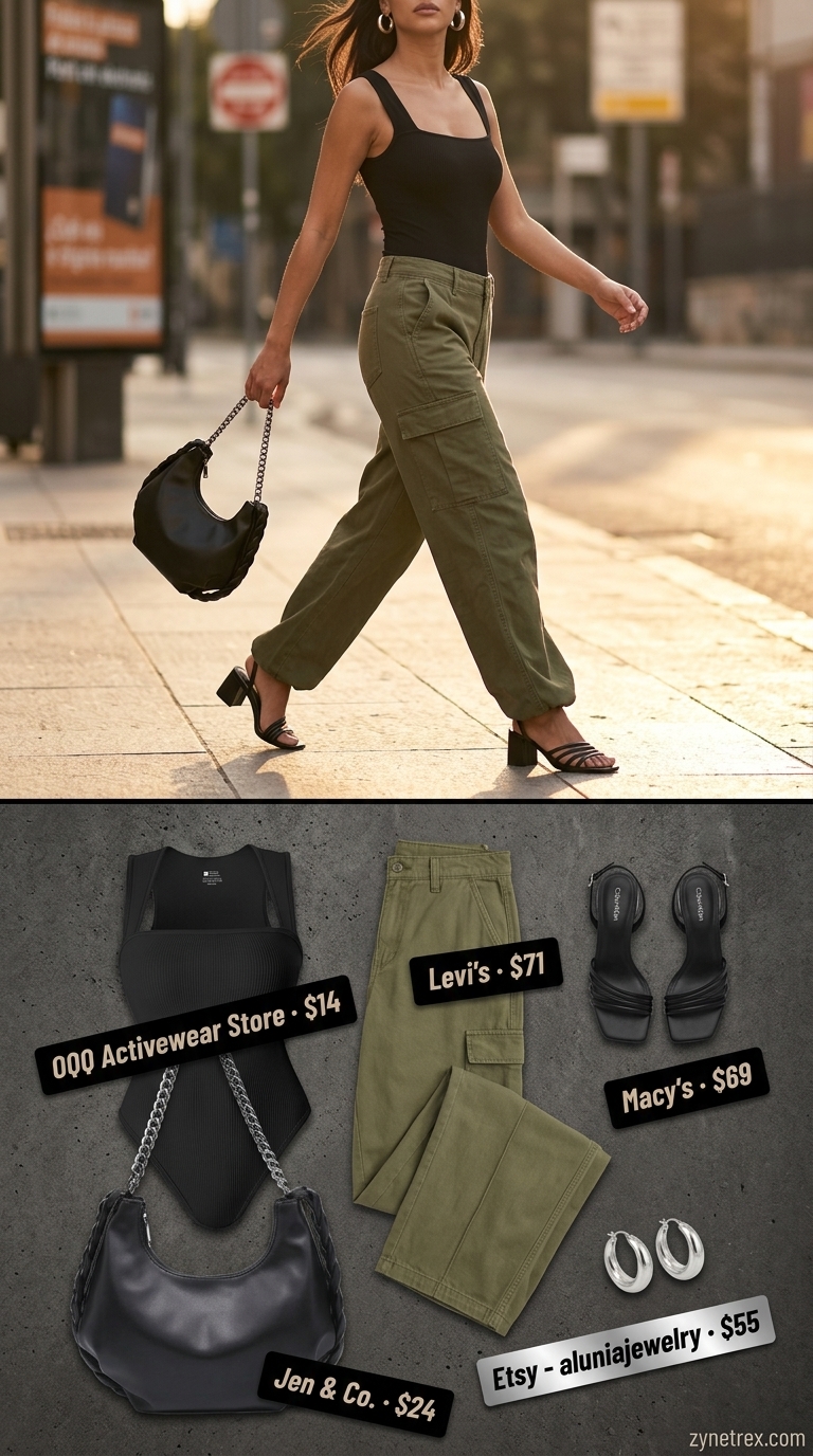 Urban chic: black bodysuit, olive green cargo pants, heeled sandals for a night out.