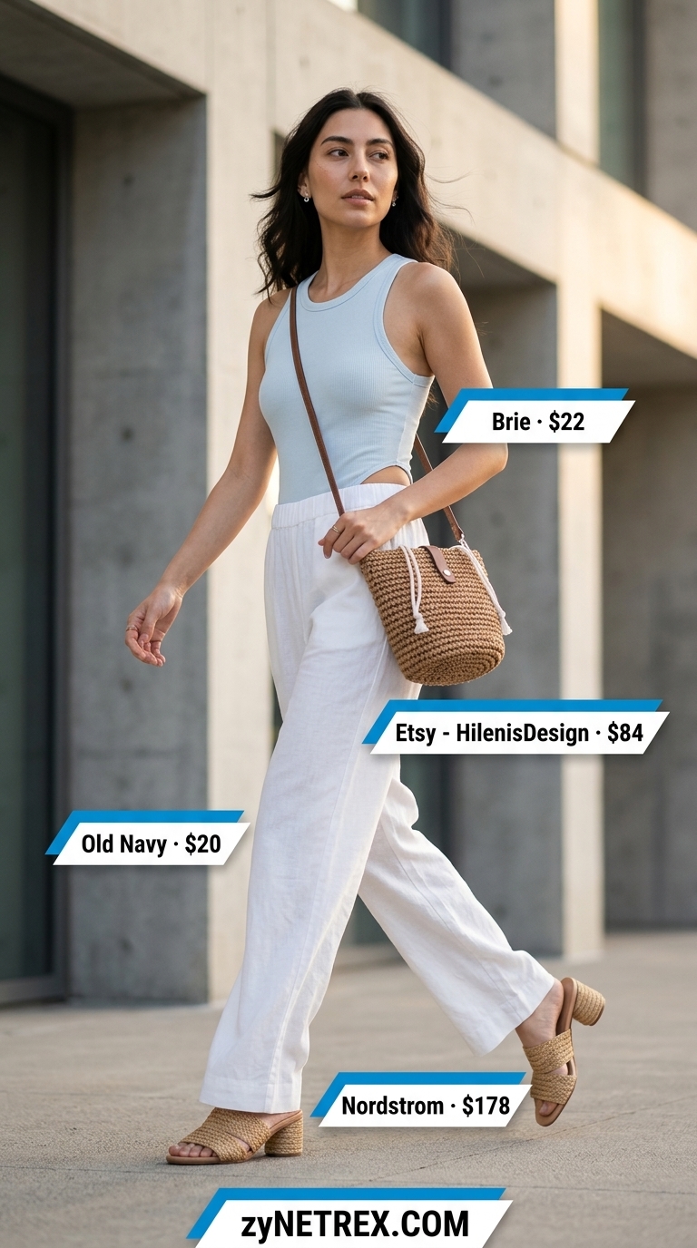 Weekend getaway: sky blue bodysuit, white linen pants, raffia bag for travel.