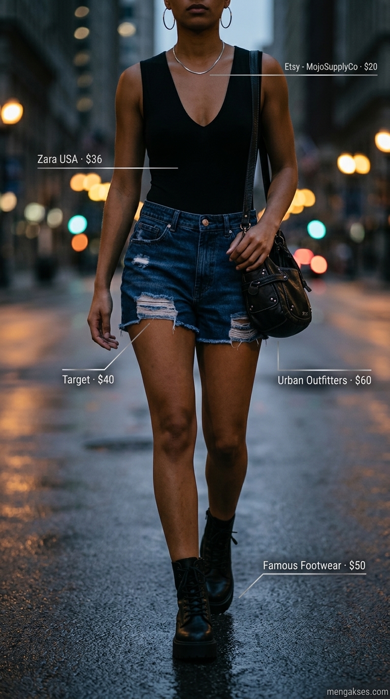 Sleeveless summer bodysuit outfits for women 2026: Black V-neck bodysuit with distressed denim shorts, combat boots, and silver earrings for edgy style.