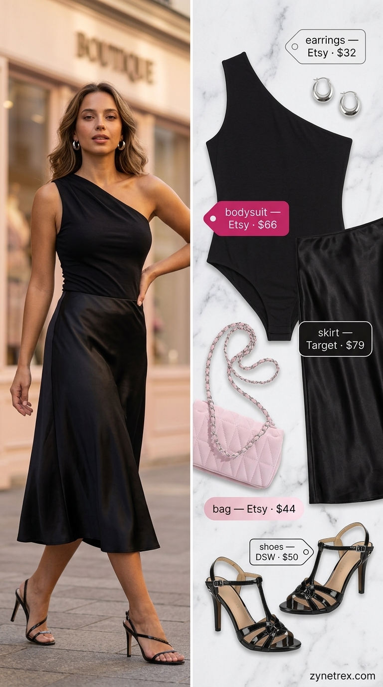 Sleeveless summer bodysuit outfits for women 2026: Black one-shoulder bodysuit with satin midi skirt, fuchsia bag, and silver earrings for glam.