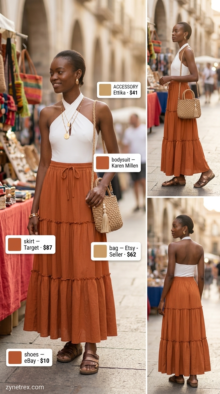 Sleeveless summer bodysuit outfits for women 2026: Ivory halter bodysuit with a terracotta tiered maxi skirt for boho style.