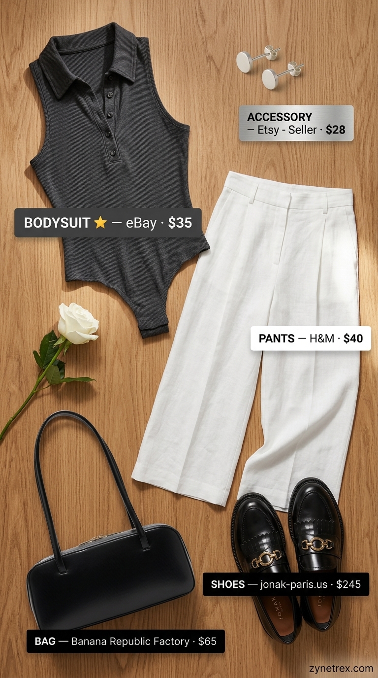 Sleeveless summer bodysuit outfits for women 2026: Charcoal polo bodysuit with white culottes, loafers, and structured bag for minimalist style.