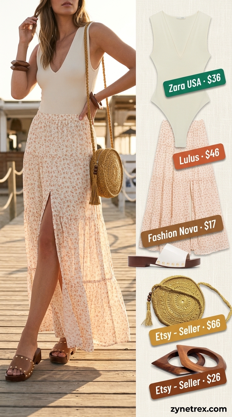 Sleeveless summer bodysuit outfits for women 2026: Cream V-neck bodysuit with terracotta print maxi skirt, wood sandals, and straw bag for boho style.