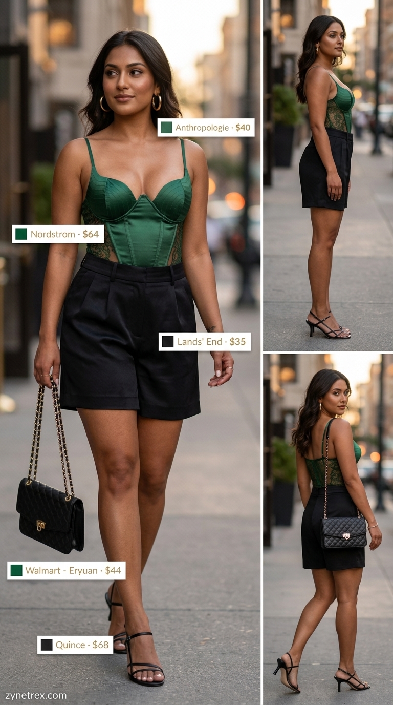 Sleeveless summer bodysuit outfits for women 2026: Emerald green bodysuit with black tailored shorts, gold hoops, and heeled sandals for chic nights.