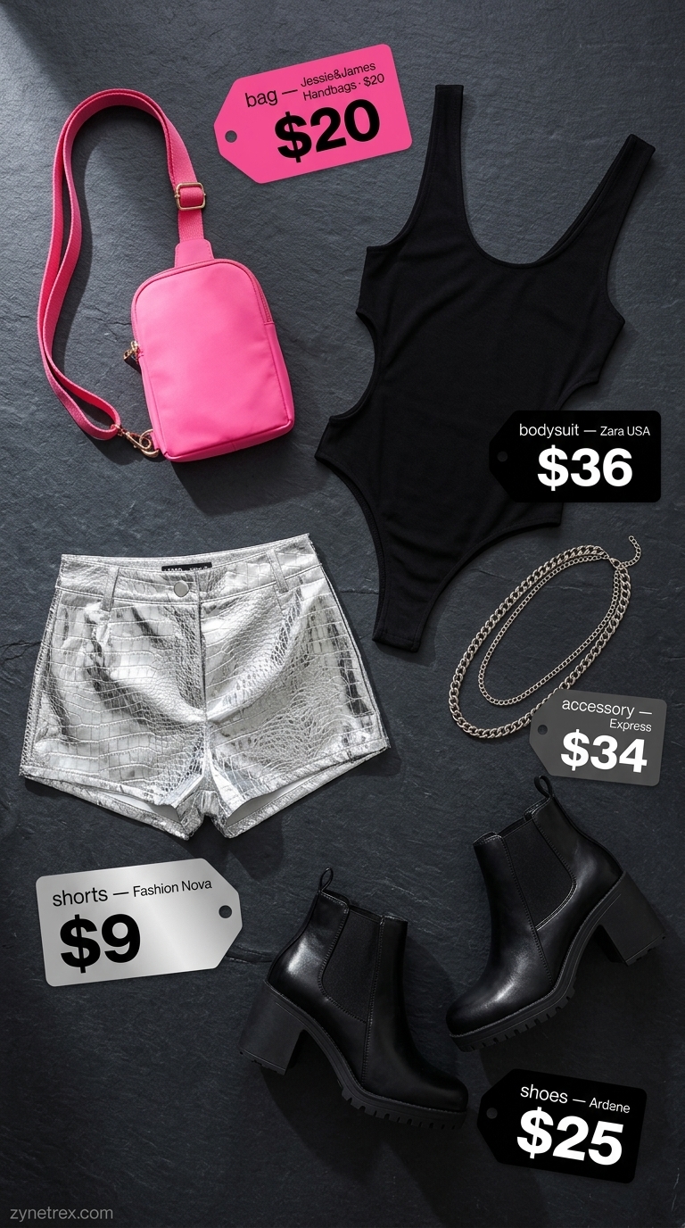 Sleeveless summer bodysuit outfits for women 2026: Black cut-out bodysuit with metallic silver shorts for festivals.