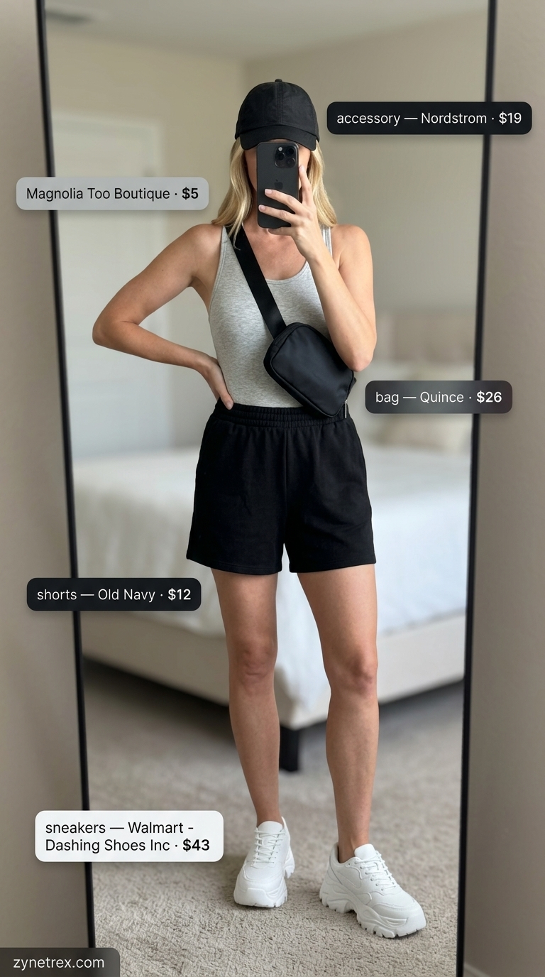 Sleeveless summer bodysuit outfits for women 2026: Heather grey racerback bodysuit with black track shorts, sneakers, and cap for athleisure.