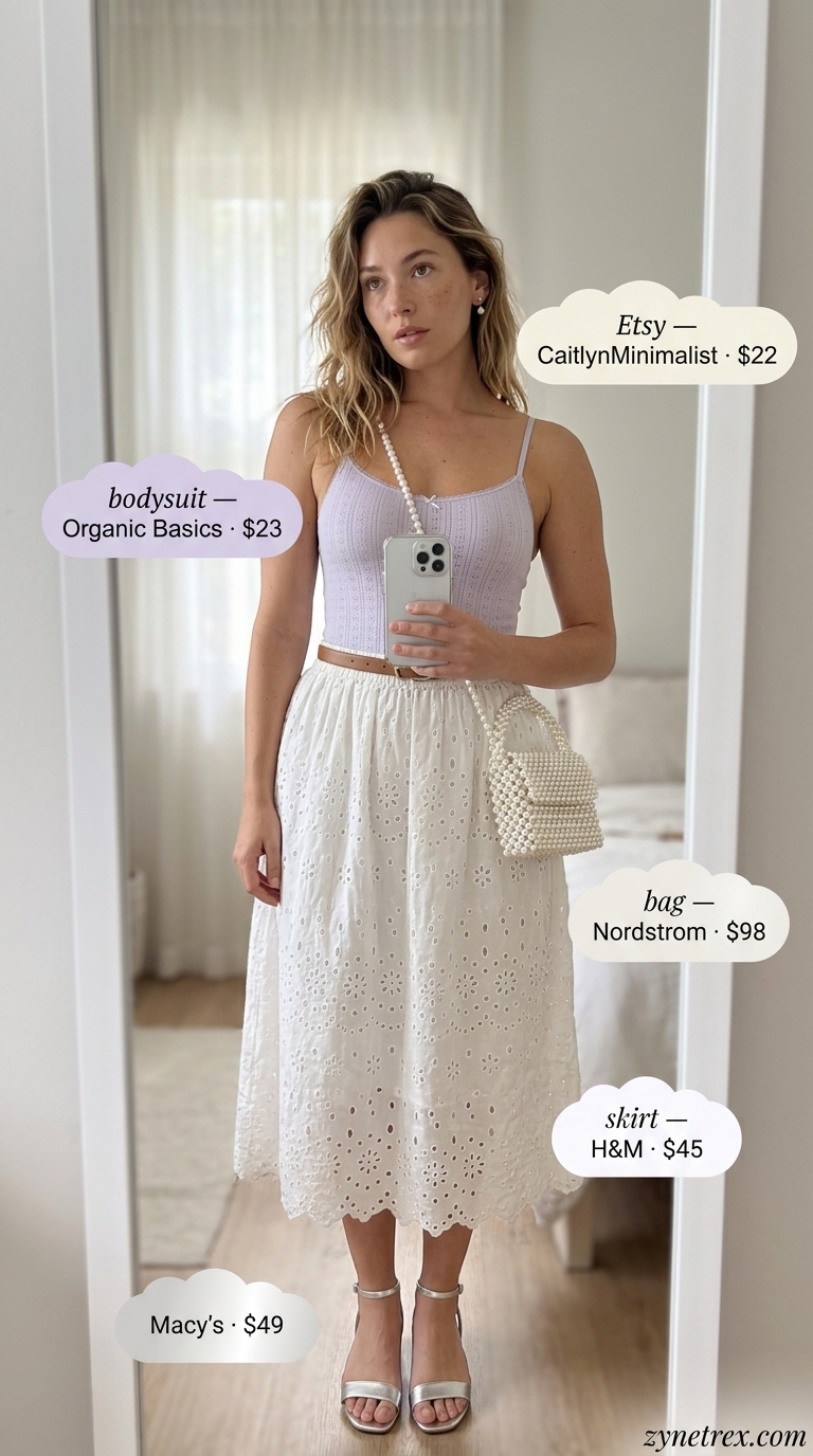 Sleeveless summer bodysuit outfits for women 2026: Lavender lace bodysuit with a white eyelet midi skirt for garden parties.