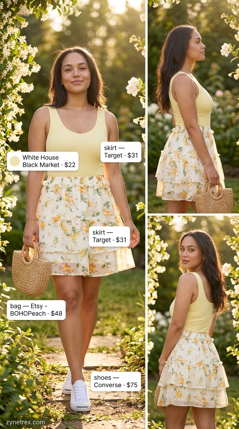 Sleeveless summer bodysuit outfits for women 2026: Pastel yellow bodysuit with a floral mini skirt for a picnic.