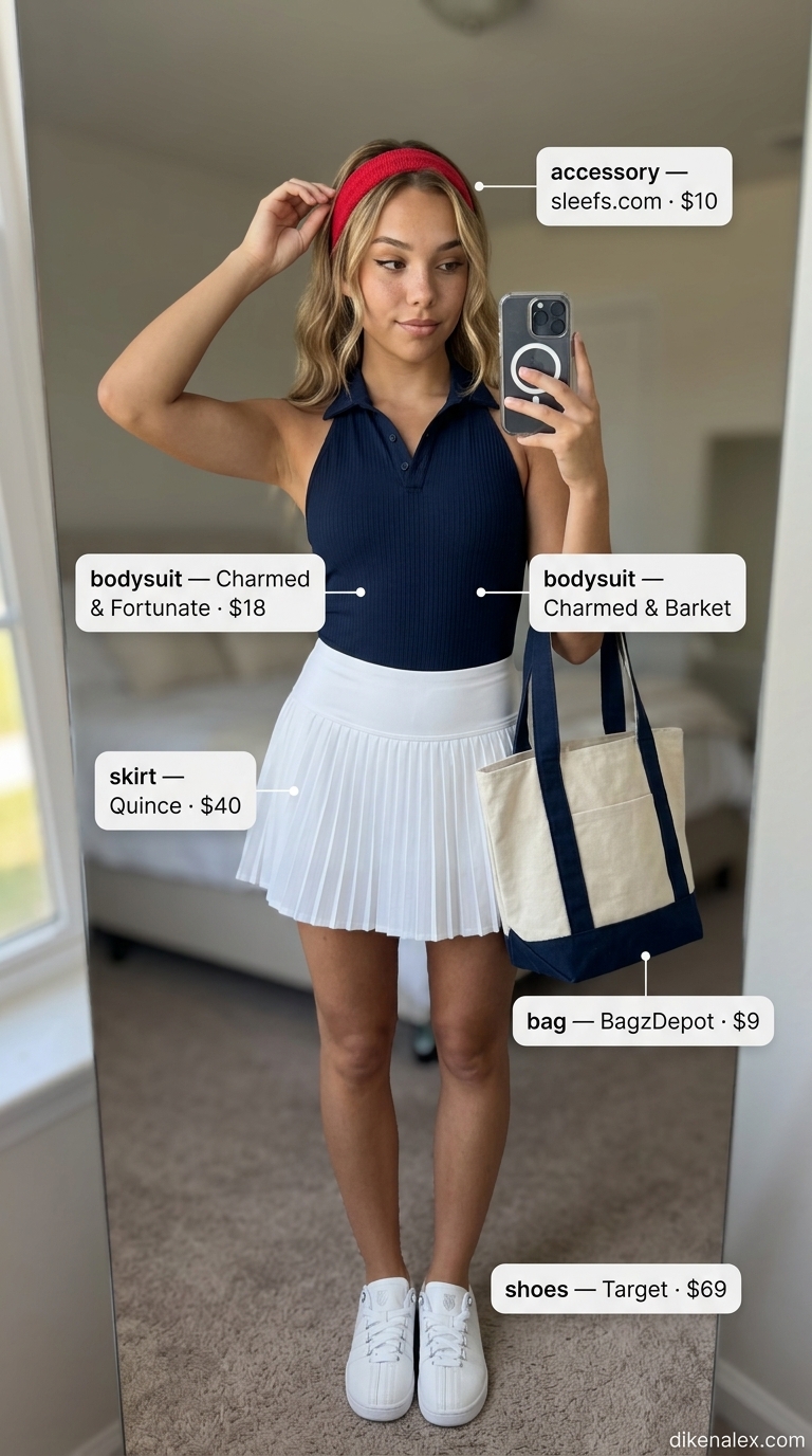 Sleeveless summer bodysuit outfits for women 2026: Navy polo bodysuit with a white tennis skirt for a preppy look.