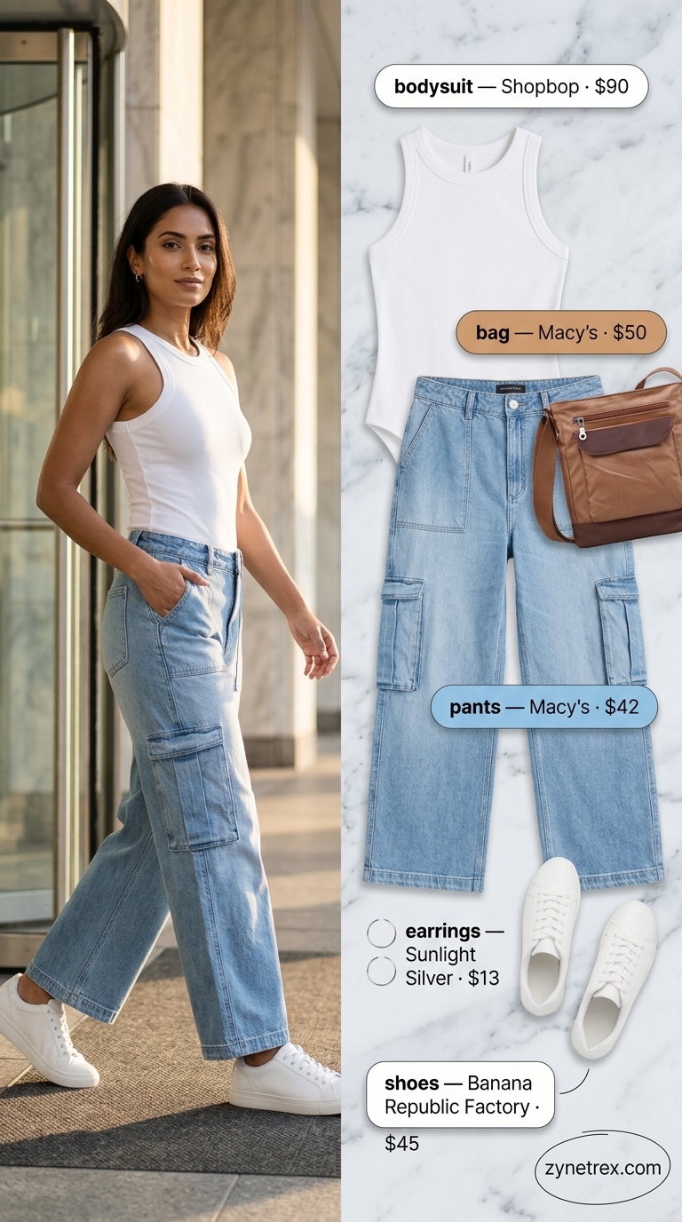 Sleeveless summer bodysuit outfits for women 2026: White bodysuit with light wash denim cargo pants and tan crossbody bag.