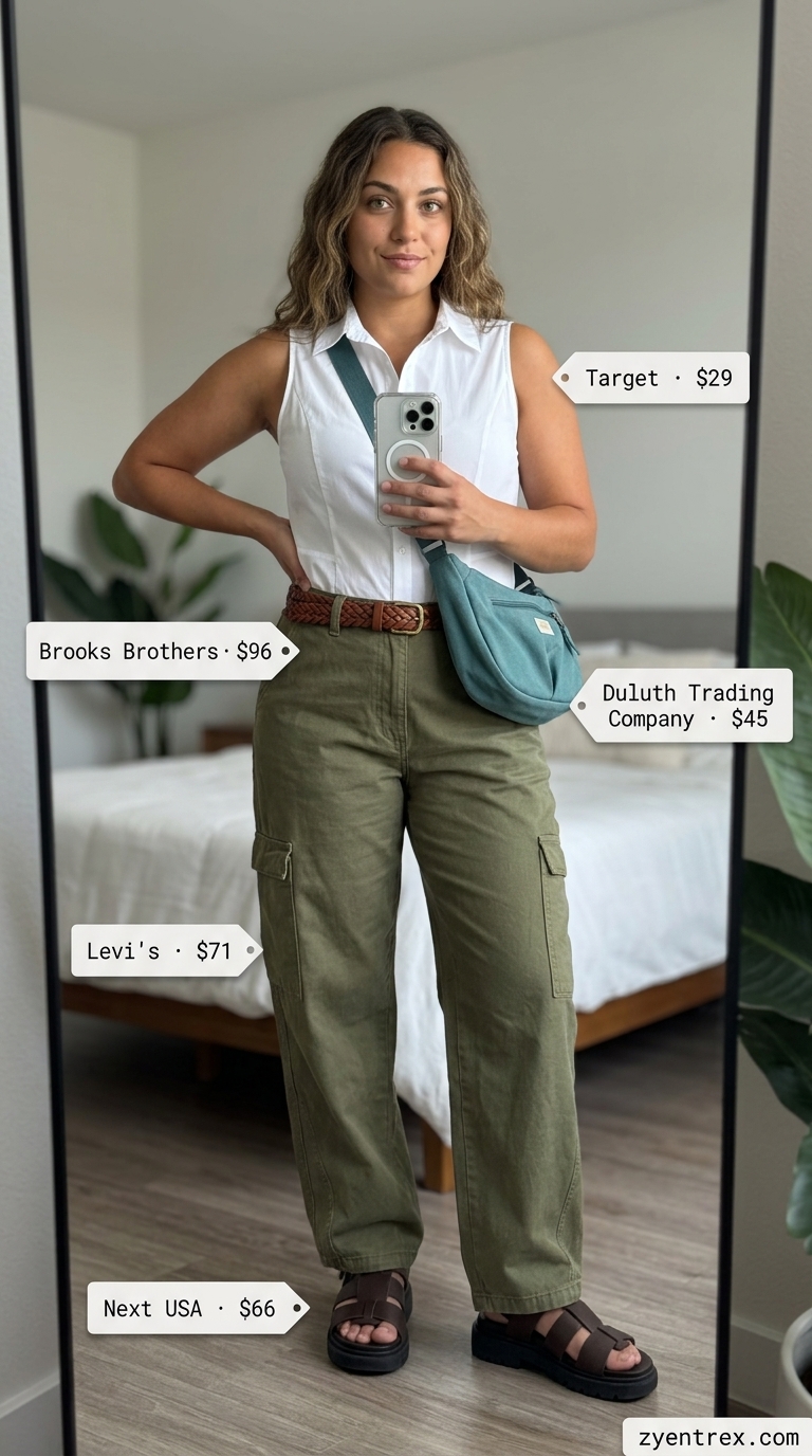 Sleeveless summer bodysuit outfits for women 2026: Cream utility bodysuit with olive green cargo pants and hiking sandals.