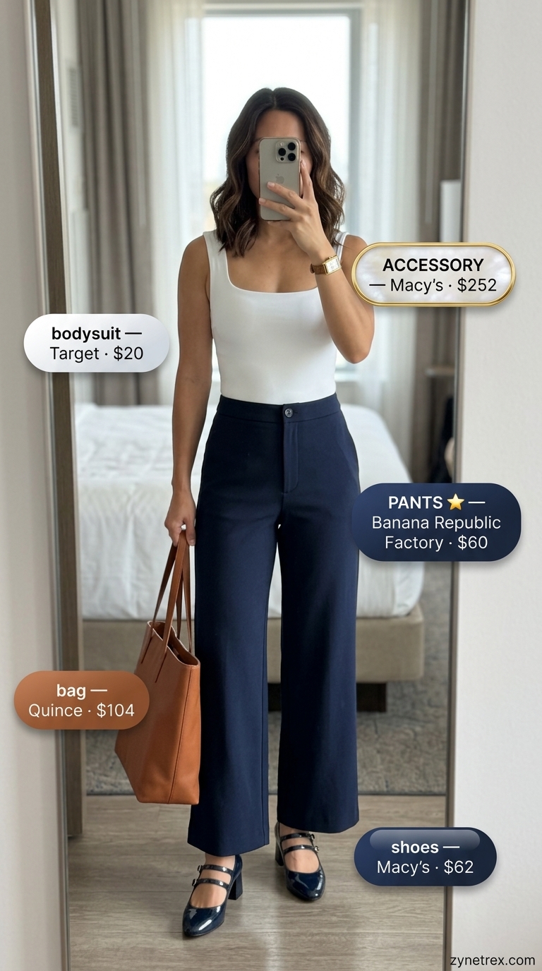 Sleeveless summer bodysuit outfits for women 2026: White square neck bodysuit with navy wide-leg trousers, pumps, and gold watch for office.