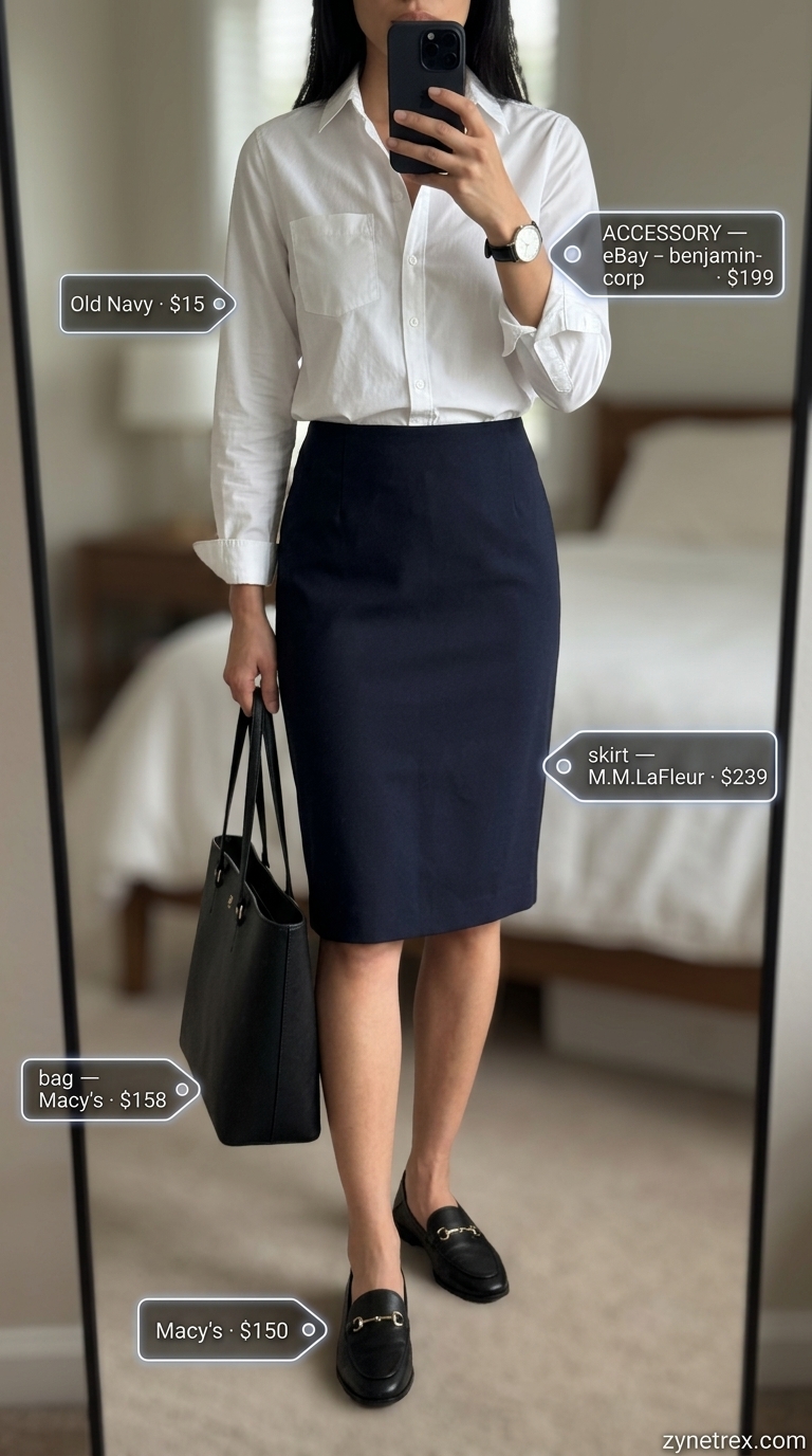 Sophisticated Workwear Outfits 2026: Office Chic Sophisticated workwear outfit with navy pencil skirt, white button-down shirt, and black loafers.