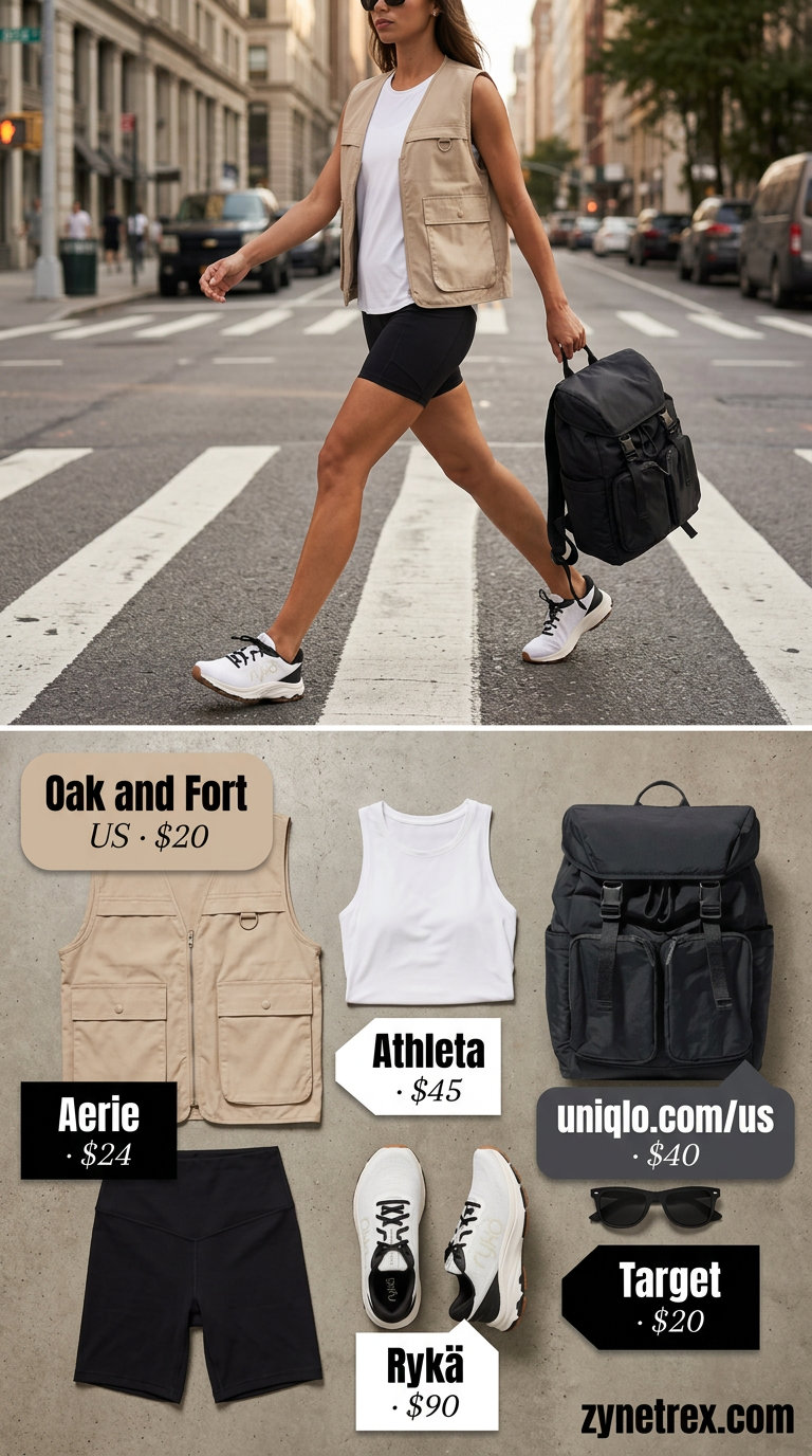 Sporty biker shorts outfits summer for women 2026: Black biker shorts, white tank, khaki utility vest, backpack, trainers.