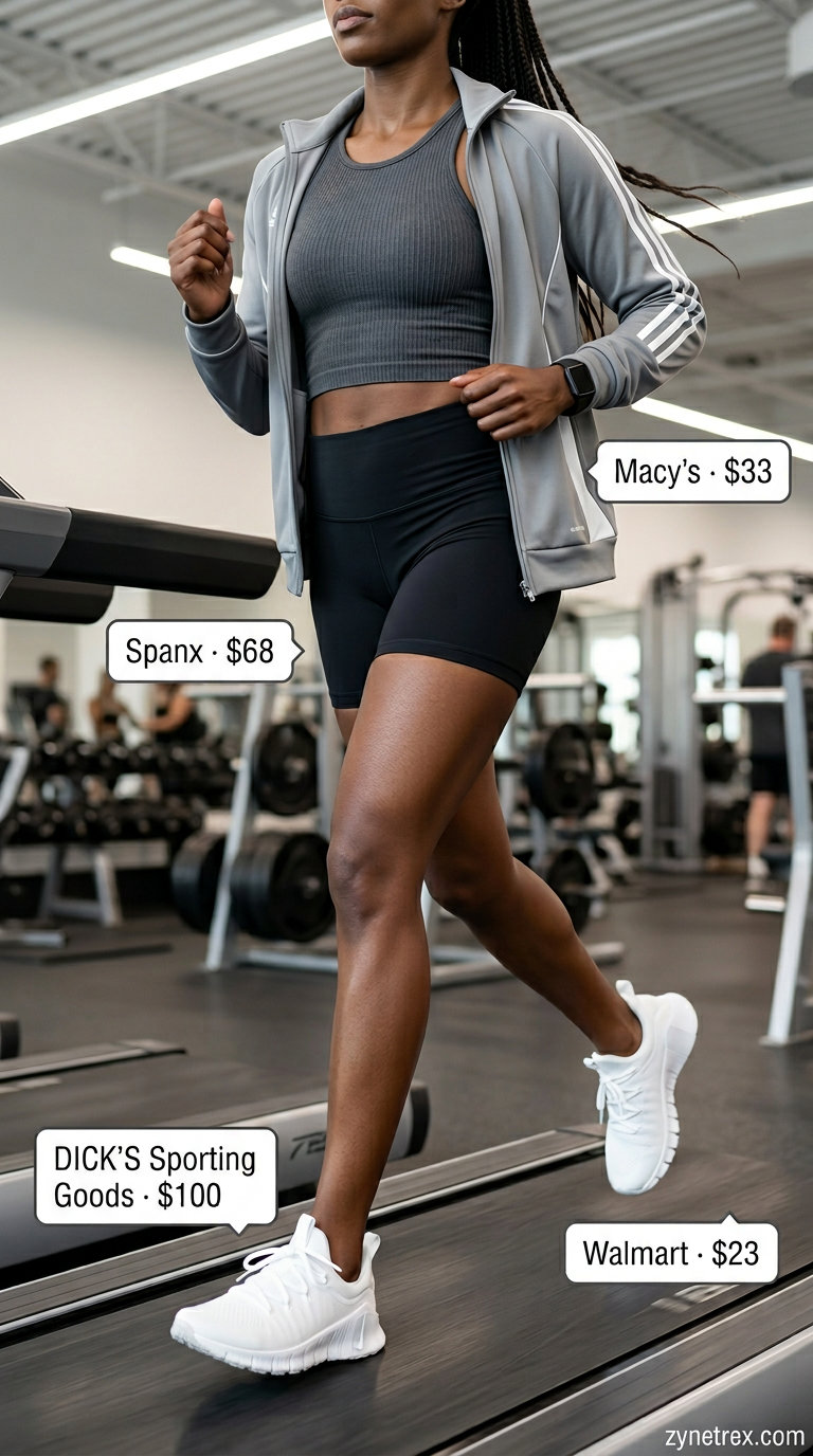Sporty biker shorts outfits summer for women 2026: Black biker shorts, charcoal jacket, black tank, training sneakers, fitness tracker.