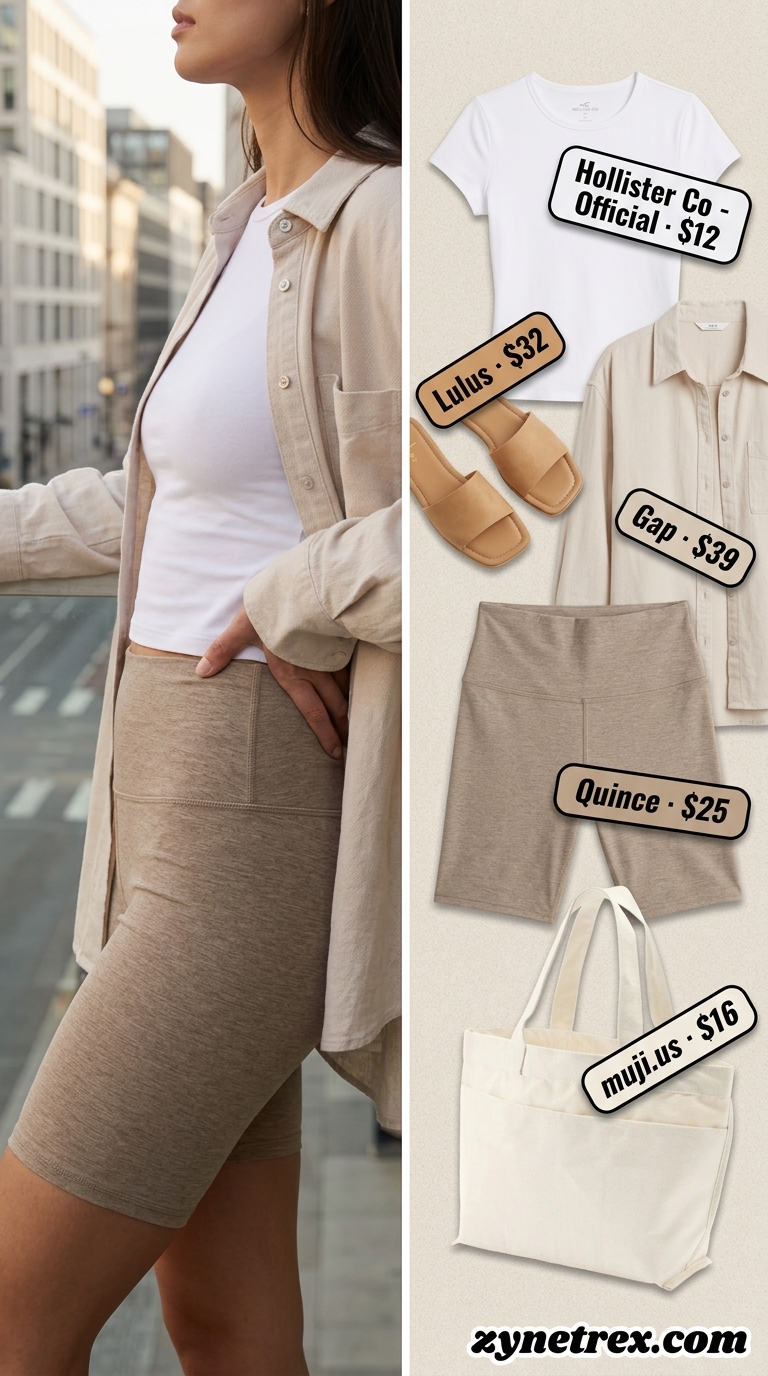 Sporty biker shorts outfits summer for women 2026: Beige biker shorts, white tee, oversized shirt, and slides for weekend brunch.