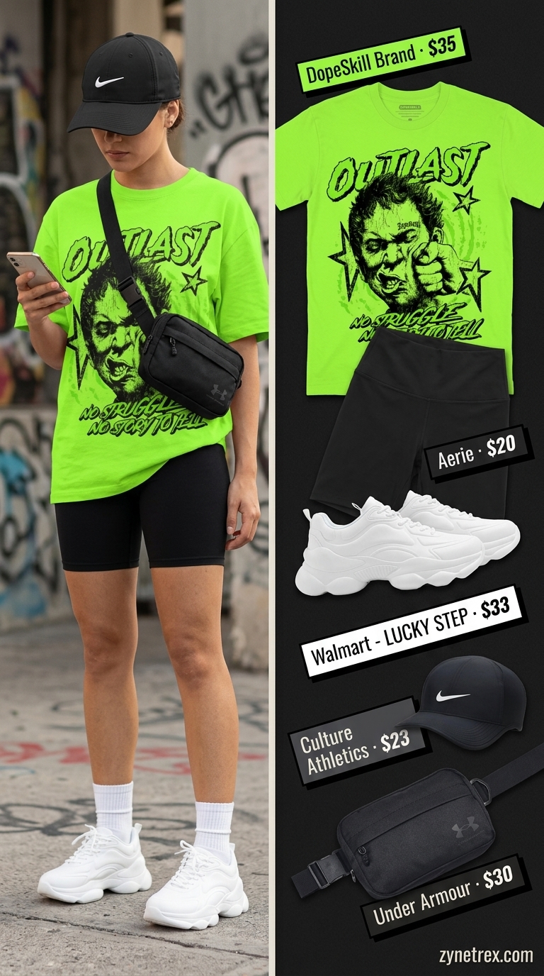 Sporty biker shorts outfits summer for women 2026: Black biker shorts, graphic tee, crossbody bag, and chunky sneakers for urban exploration.