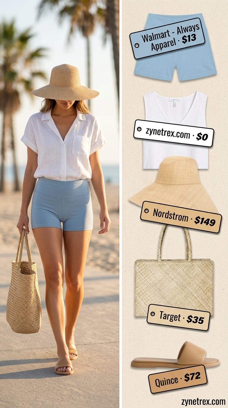Sporty biker shorts outfits summer for women 2026: Light blue biker shorts, linen shirt, straw hat, and slides for beach days.